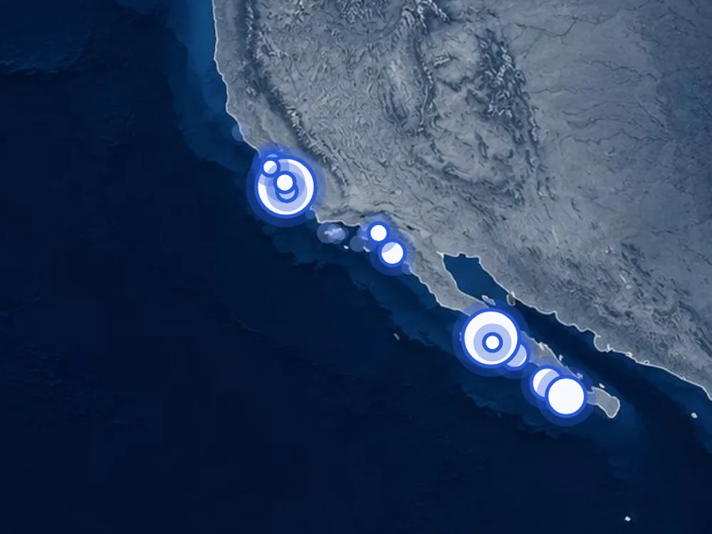 Mapa de avistamientos de ballena gris en la costa de California y Baja California Sur